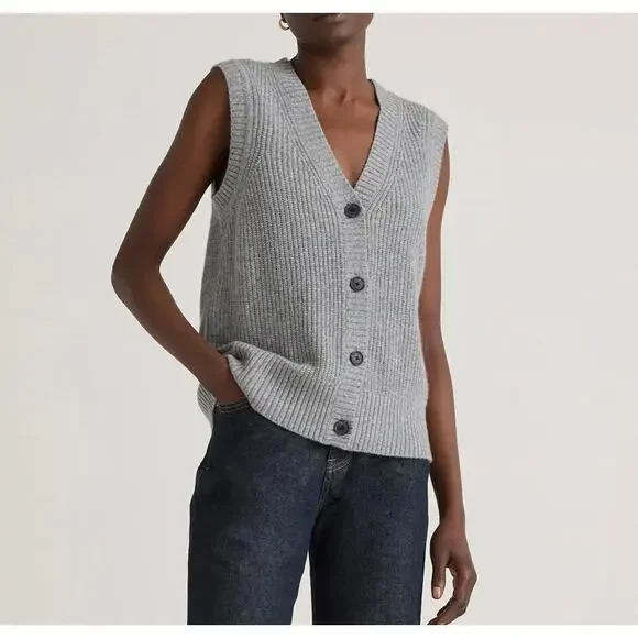 SOLD ‼️Quince Mongolian Cashmere Gray Fisherman Button Front Sweater Vest Small - Picture 2 of 10